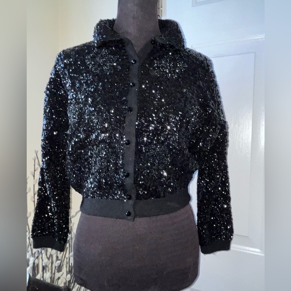 Calais Sweaters - Vintage Cashmere black sequin crop cardigan sweater.